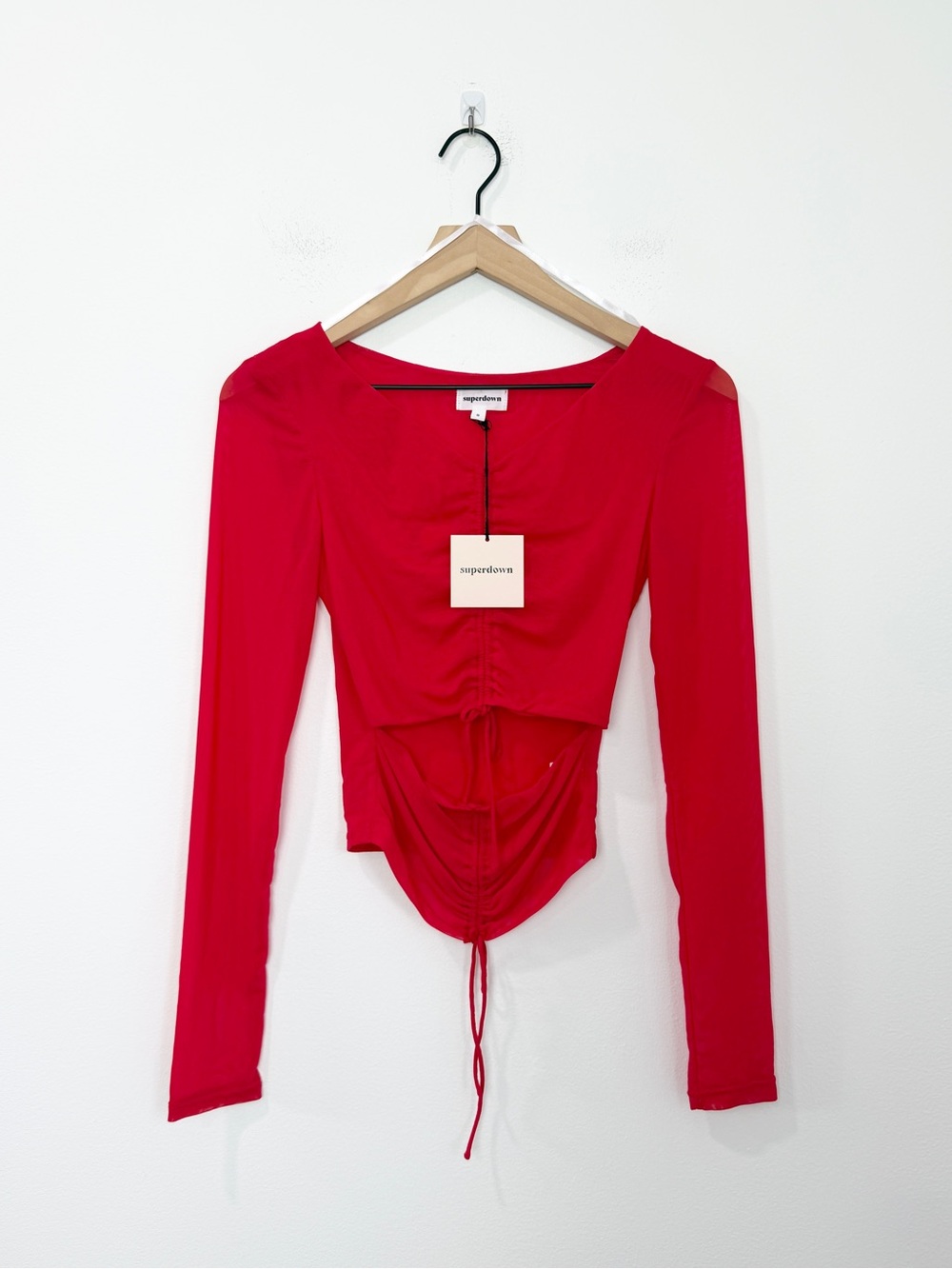Superdown Red Mesh Long Sleeve Blouse Cinched Cutout Size Small